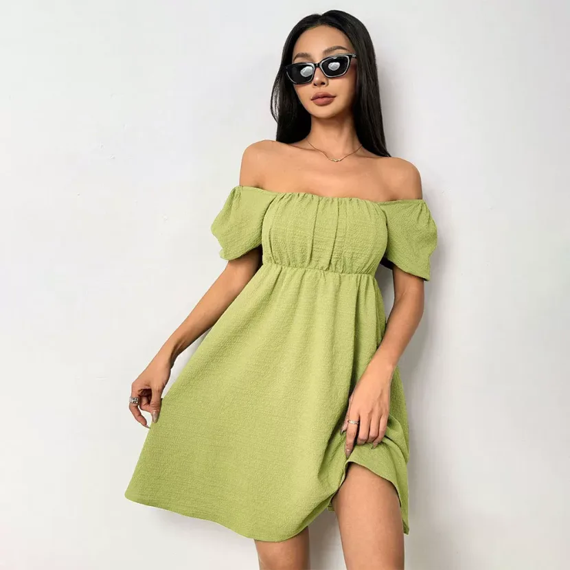 Elegant Summer Dress Sexy Square Neck Puff Sleeves Fitted Waist Perfect for Parties and Casual O