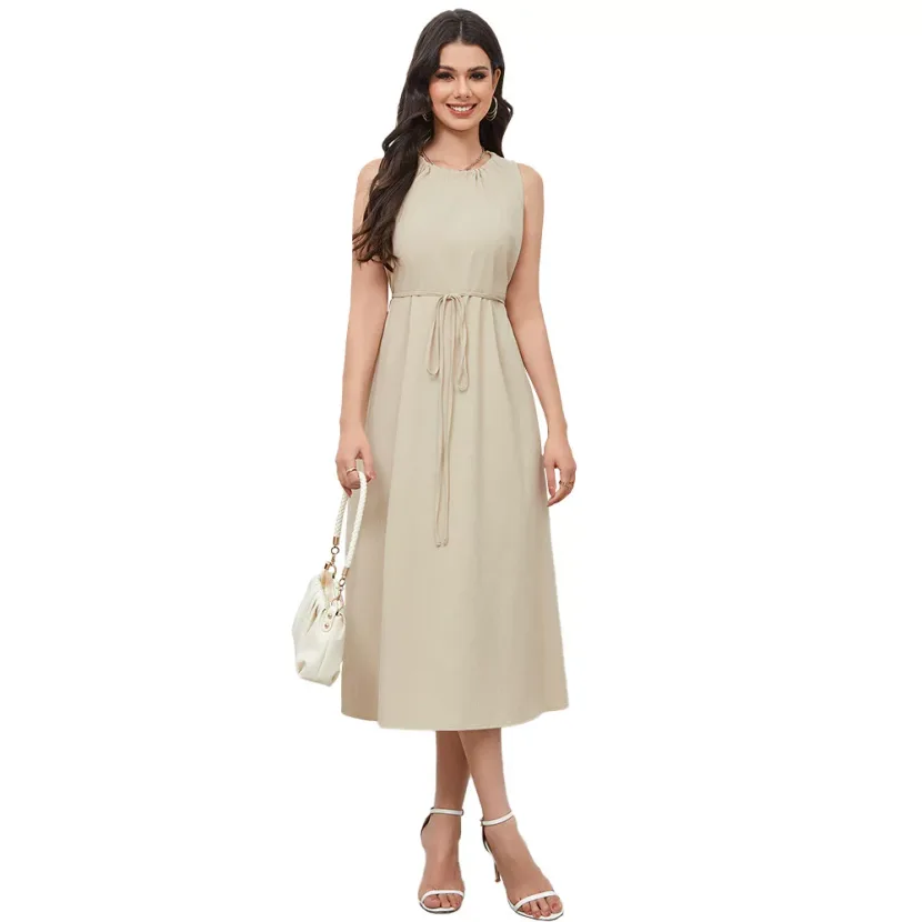 Elegant Casual Dress with Waist Tie and Pleated Back Slim Fit Stylish Design Perfect for Spring