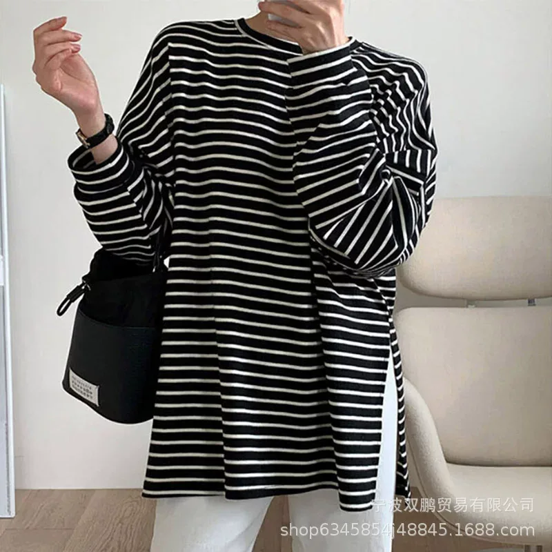Womens Striped Loose Fit Cotton T Shirt Casual Long Sleeve Round Neck Side Slit Spring Summer Fa