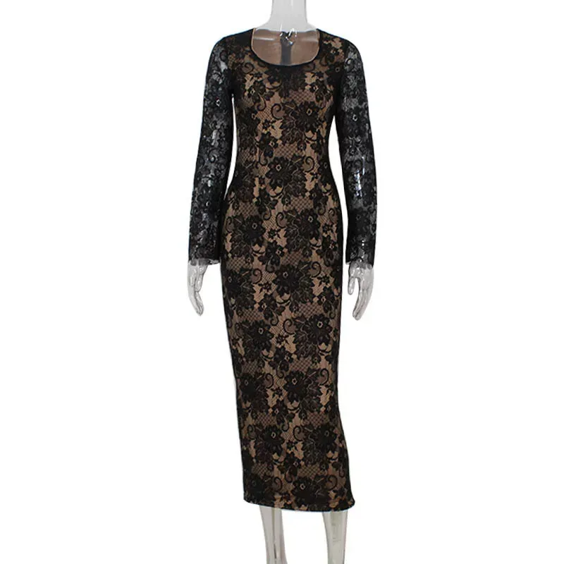 Elegant Lace Long Sleeve Bodycon Dress Slim Fit Waist Cinching Chic Style Perfect for Spring and