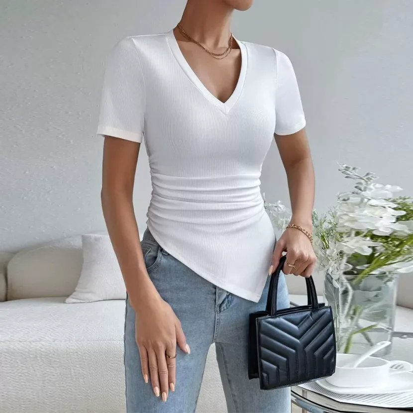 Womens Fashion Top Sexy V Neck Slim Fit Asymmetrical Hem Short Sleeve Stylish and Versatile for