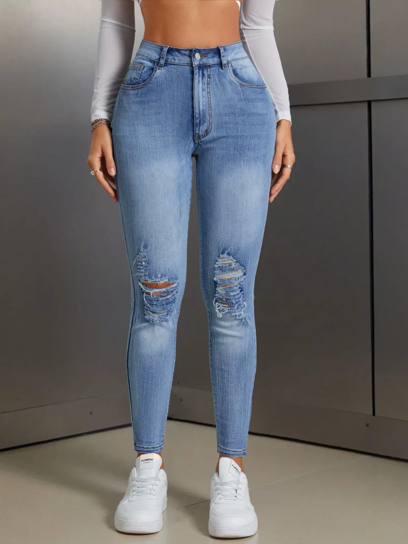Womens Fashionable Distressed Stretch Denim Jeans Washed Finish Casual Style Perfect for Everyda