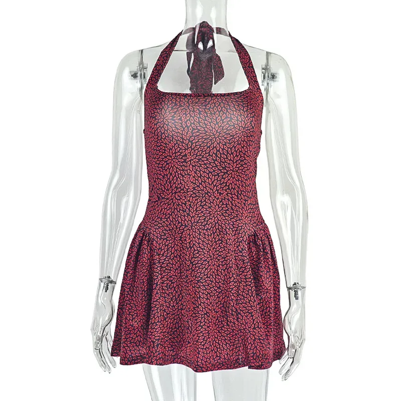 Ruffled Waist Floral A Line Dress Off Shoulder Backless Sleeveless Casual Summer Wear Wholesale
