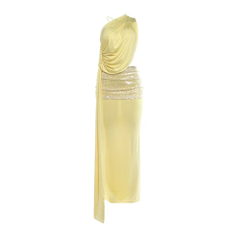 Sleeveless Sequin Trimmed Dress Sexy Backless Design Asymmetrical Neckline Solid Color Spring Fa