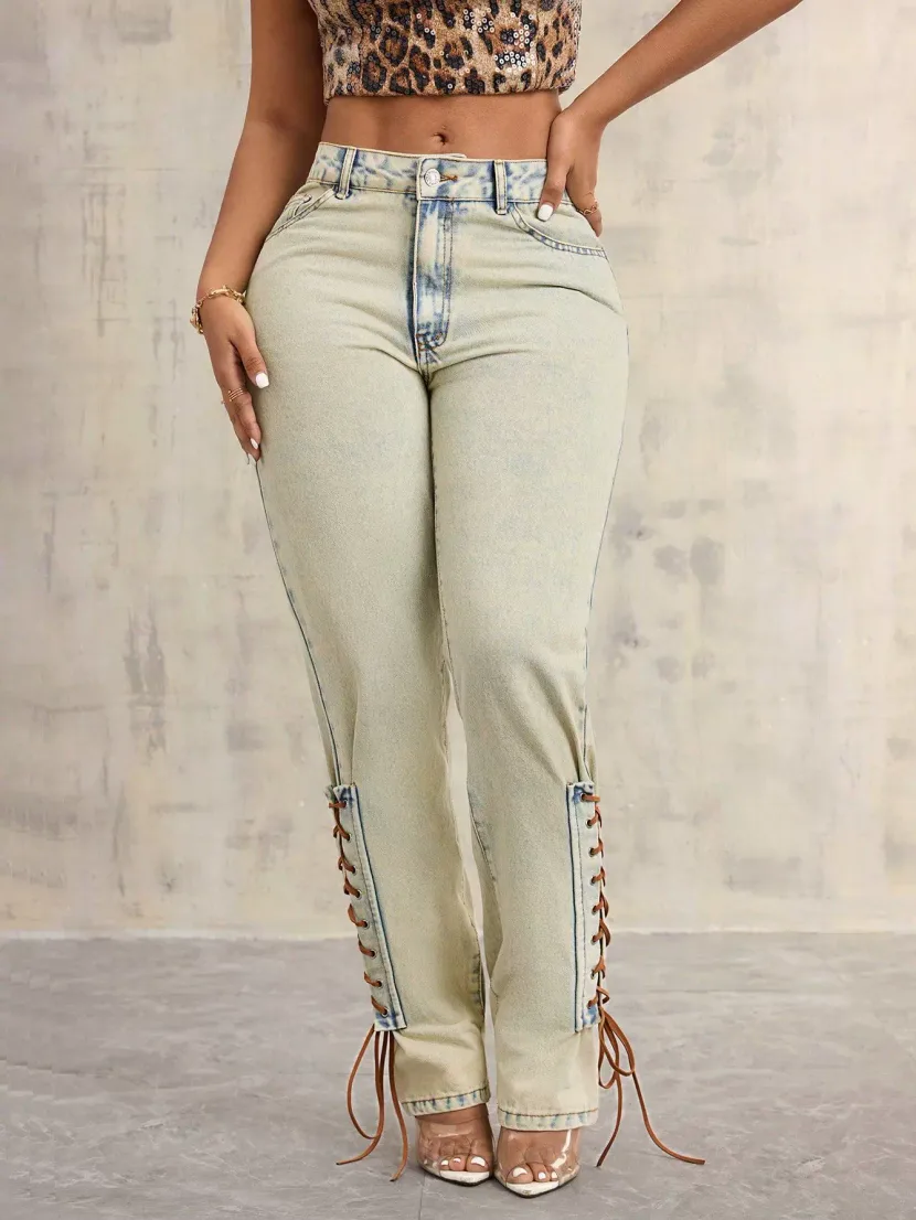 Loose Fit Wide Leg Denim Trousers Tie Decoration Straight Cut Casual Style Wholesale Available