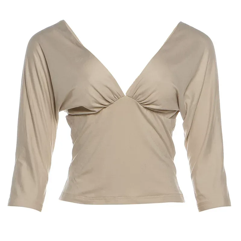Womens Summer Deep V Neck T Shirt Slim Fit Backless Mid Sleeve Casual Chic Style Wholesale Avail