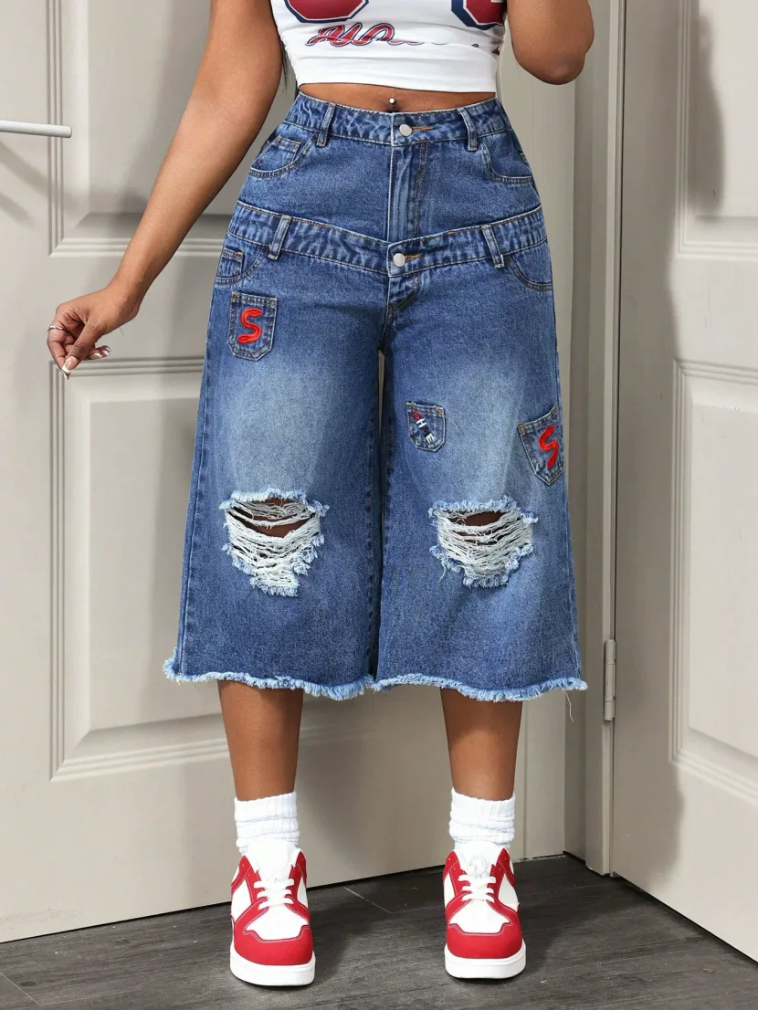 Womens Distressed Denim Capris Casual Summer Style Blue Color Available in S to XL Wholesale Supply