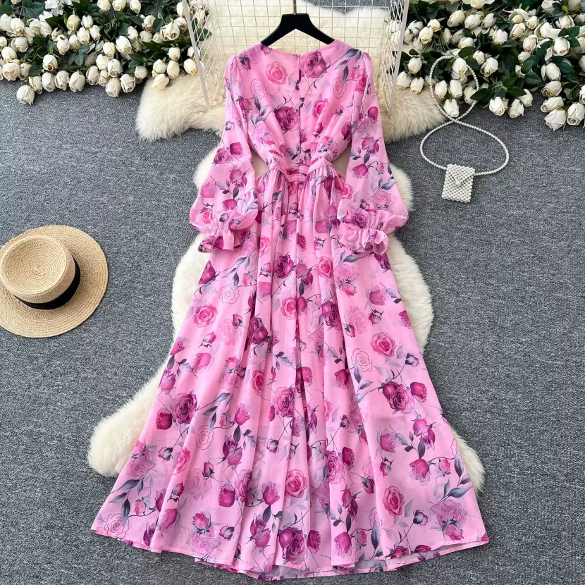 Elegant Womens Floral Chiffon Dress Slim Fit Waist Design Long Sleeve for Spring and Summer