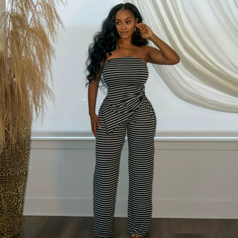 Summer Womens Fashion Vintage Striped Strapless Top and Casual Comfortable Long Pants Set Trendy Style for Every