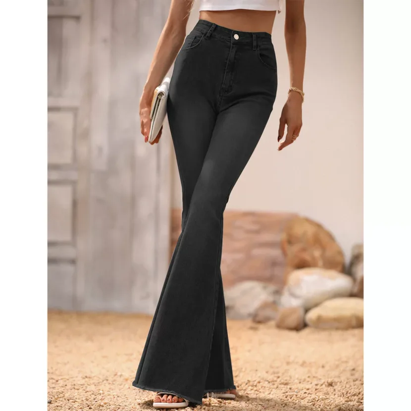 Black Frayed Hem Flare Jeans for Women High Waist Stylish Fit Versatile for Casual Wear Wholesal