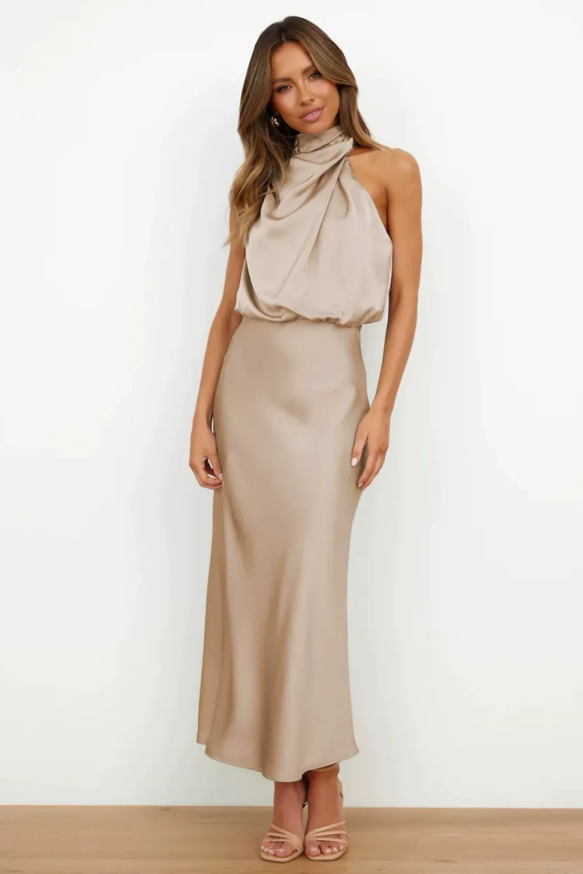 Sleeveless Satin Dress Elegant Solid Color Lightweight Fabric Spring Summer Evening Wear Wholesa