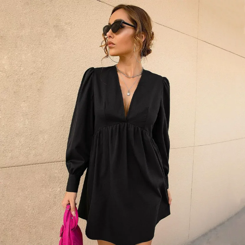 Womens A Line Dress Sexy V Neck Fitted Waist Puff Sleeves Spring Summer Fashion Wholesale Availa