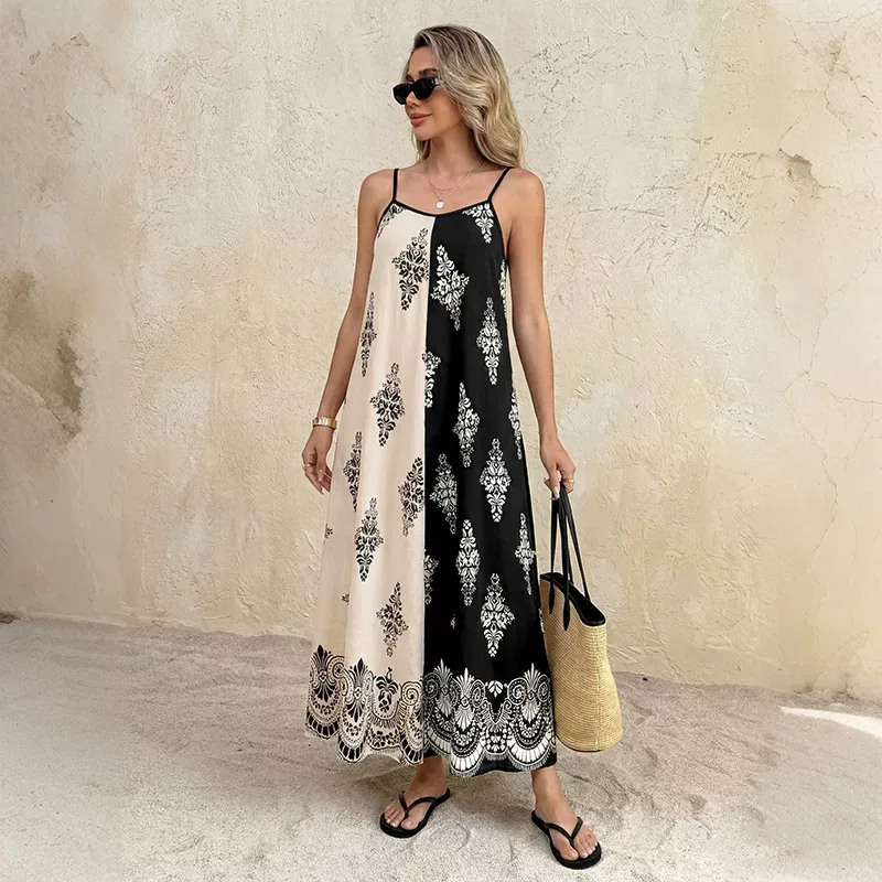 Bohemian Maxi Dress Loose Fit Color Block Paisley Print Sleeveless Summer Vacation Wear Wholesal