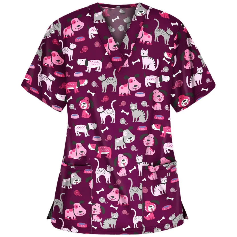 Womens Printed V Neck Short Sleeve T Shirt Casual Style Pocket Detail Comfortable Fabric Perfect