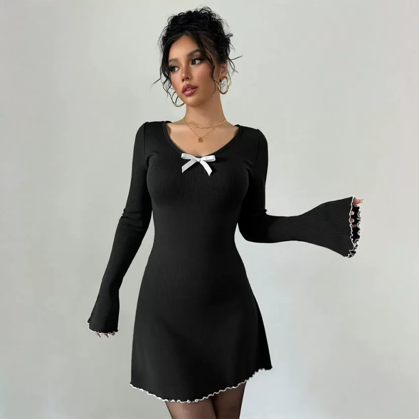 Elegant Black and White Color Block Knit Dress Flared Sleeves Slim Fit A Line Silhouette Perfect