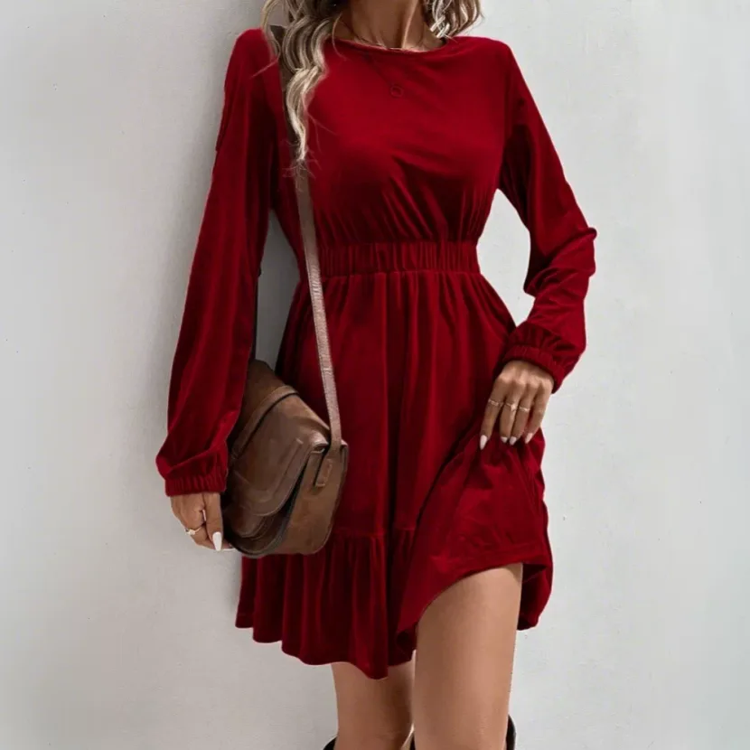 Velvet Long Sleeve Mini Dress Elastic Waist Mid Length Elegant Design Spring Summer Fashion Whol