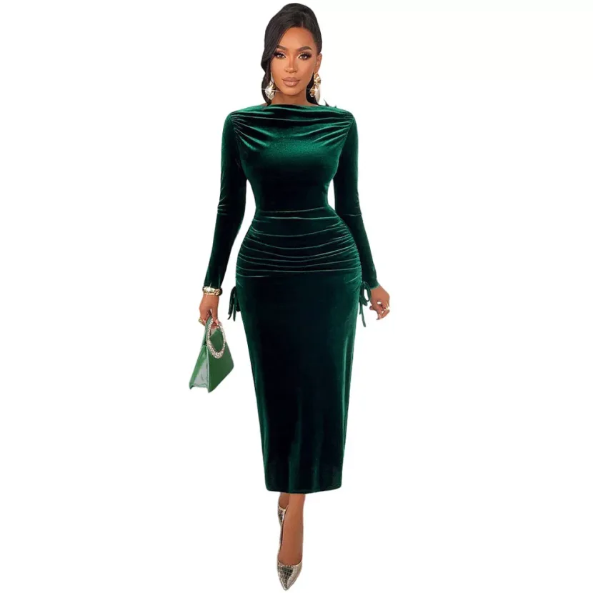 Velvet Maxi Dress for Women Dark Green Long Sleeve Slim Fit Side Pleats Elegant Spring Summer Ou
