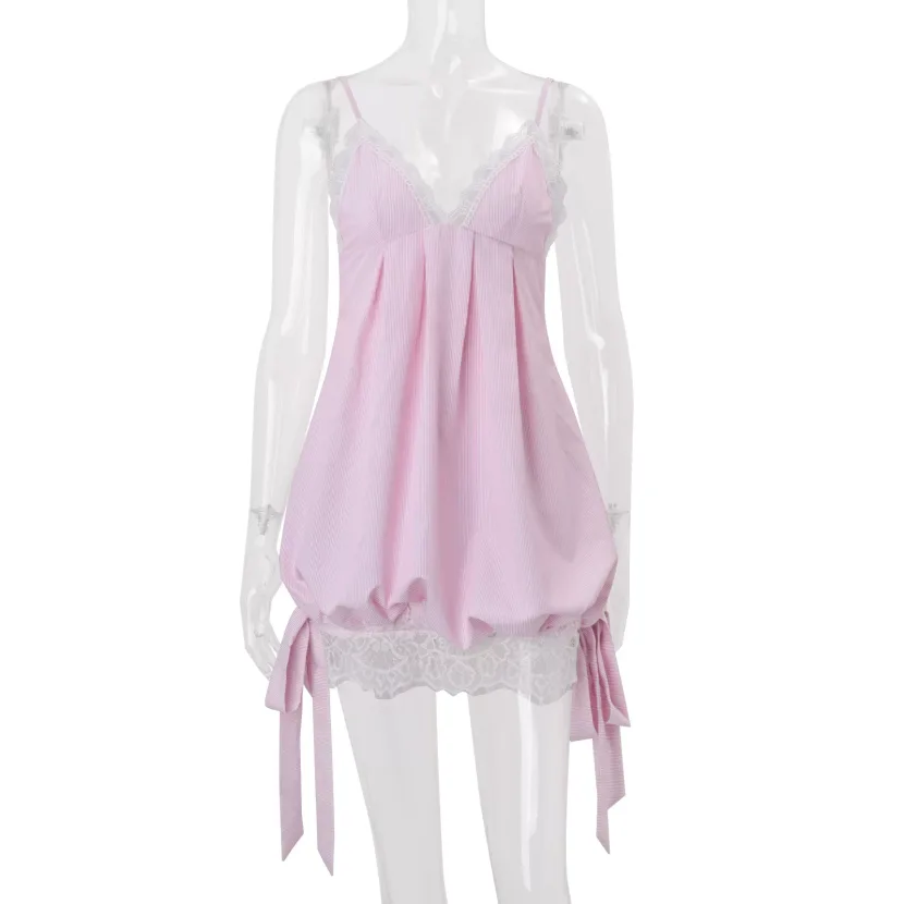 Lace Trim Deep V Neck Cami Dress for Women Slim Fit Summer Style Available in Pink Wholesale Sizes S M L