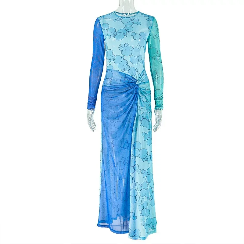 Fresh European Style Womens Dress Breathable Mesh Fitted Waist Long Sleeve Round Neck Split Hem