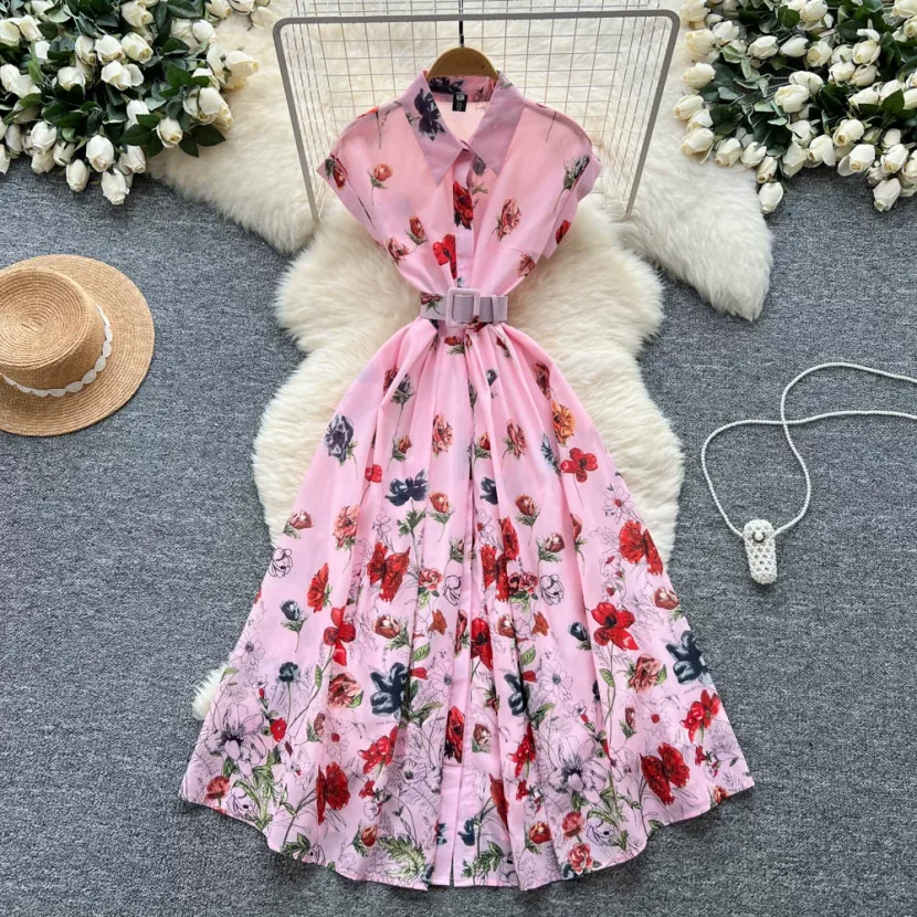 Polo Neck Short Sleeve Dress for Women Slim Fit Waist Design Floral Print Summer Casual Wear