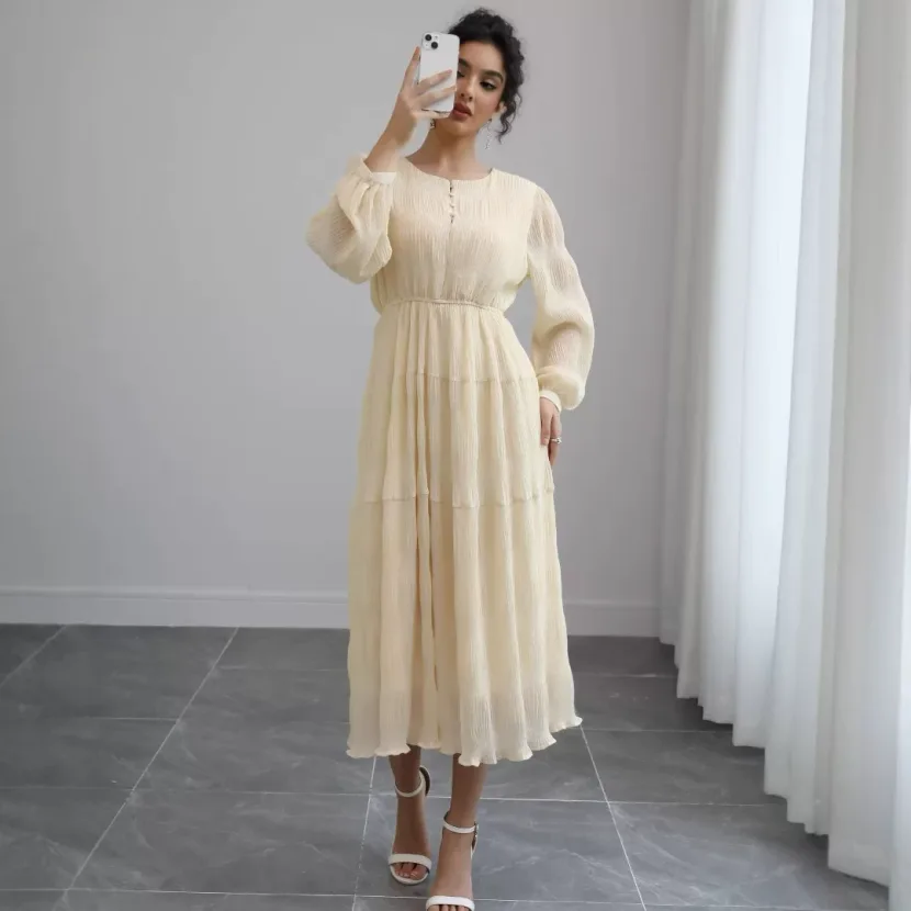 French Puff Sleeve Long Sleeve Dress Elegant Style Soft Fabric Autumn Colors Perfect for Tea Par