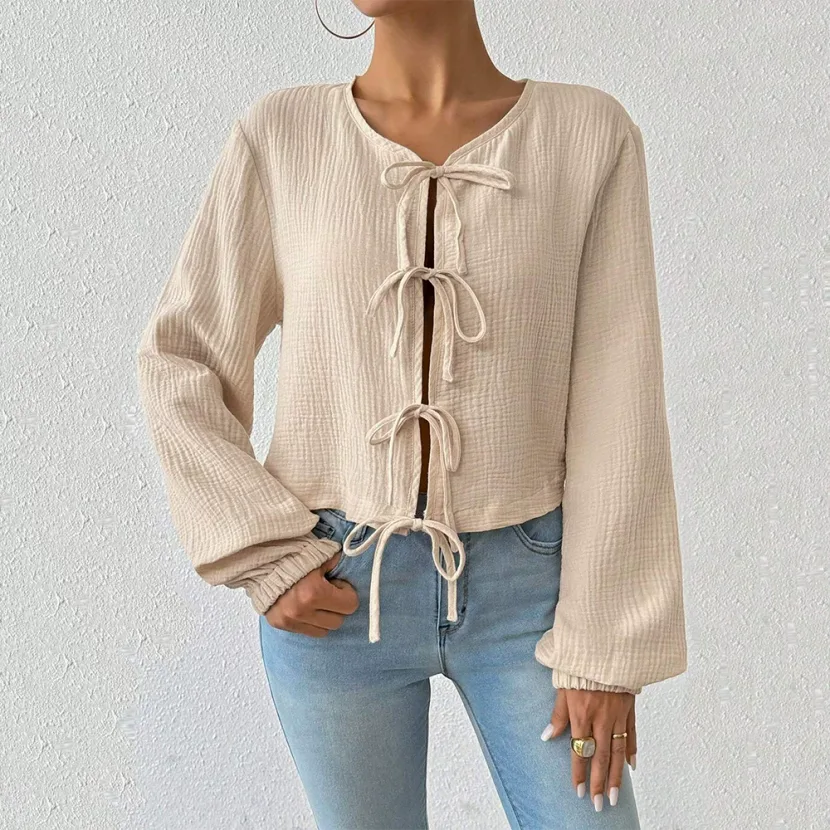Elegant Womens T Shirt Loose Fit Short Length Tie Front Design Autumn Winter Casual Wear Wholesa