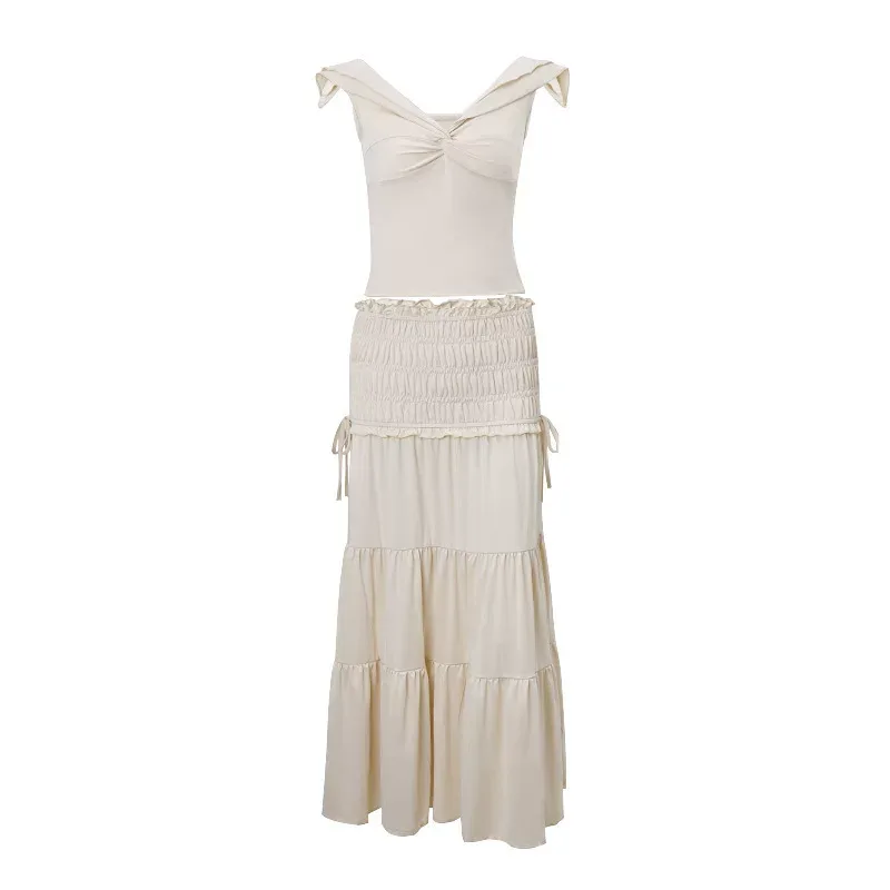 Womens French Style Cropped Tank Top and Ruched Midi Skirt Set Sexy Low Cut Flattering Fit Autum