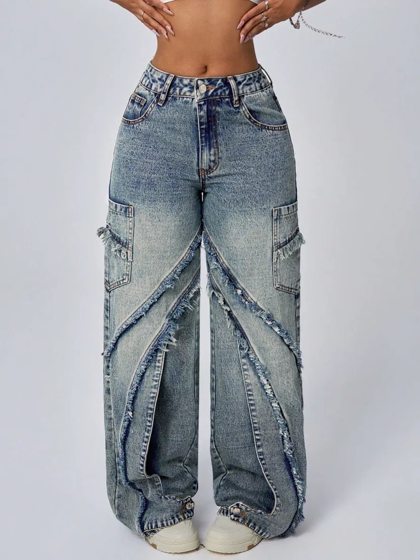 Wide Leg Denim Trousers Distressed Hem Patchwork Design Loose Fit Casual Wear for Women Wholesal