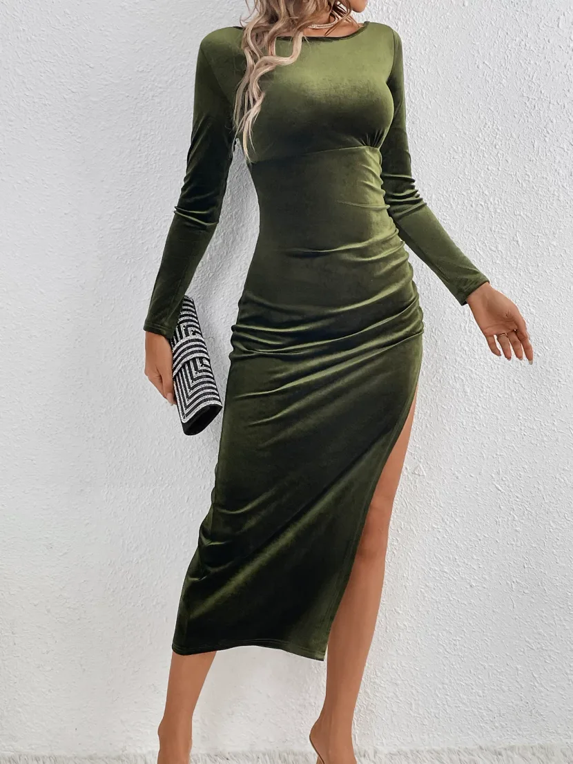 Elegant Velvet Bodycon Dress Long Sleeve Split Hem Slim Fit Spring and Autumn Fashion Wholesale