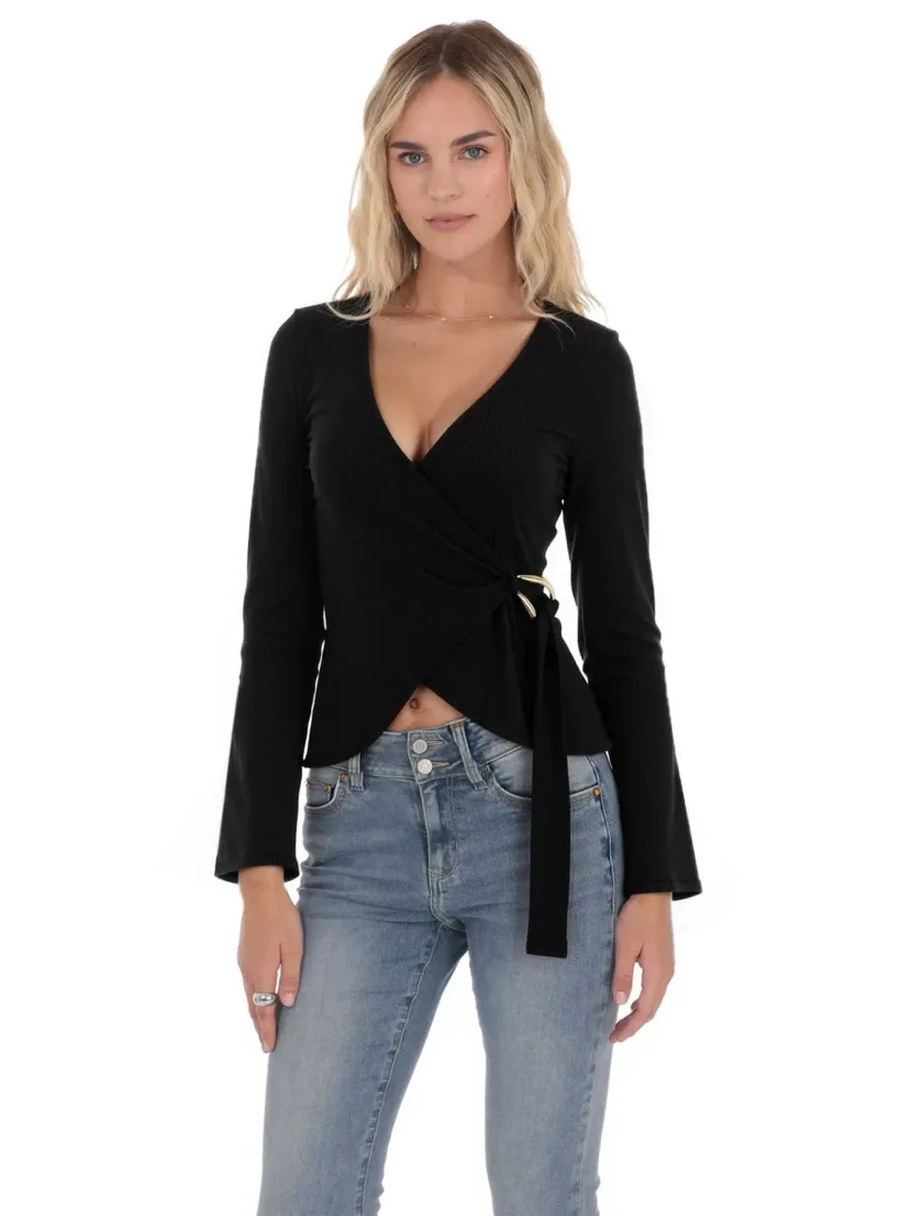 Womens Black V Neck Long Sleeve Knit Top Unique French Design Waist Tie Gold Ring Detail Casual