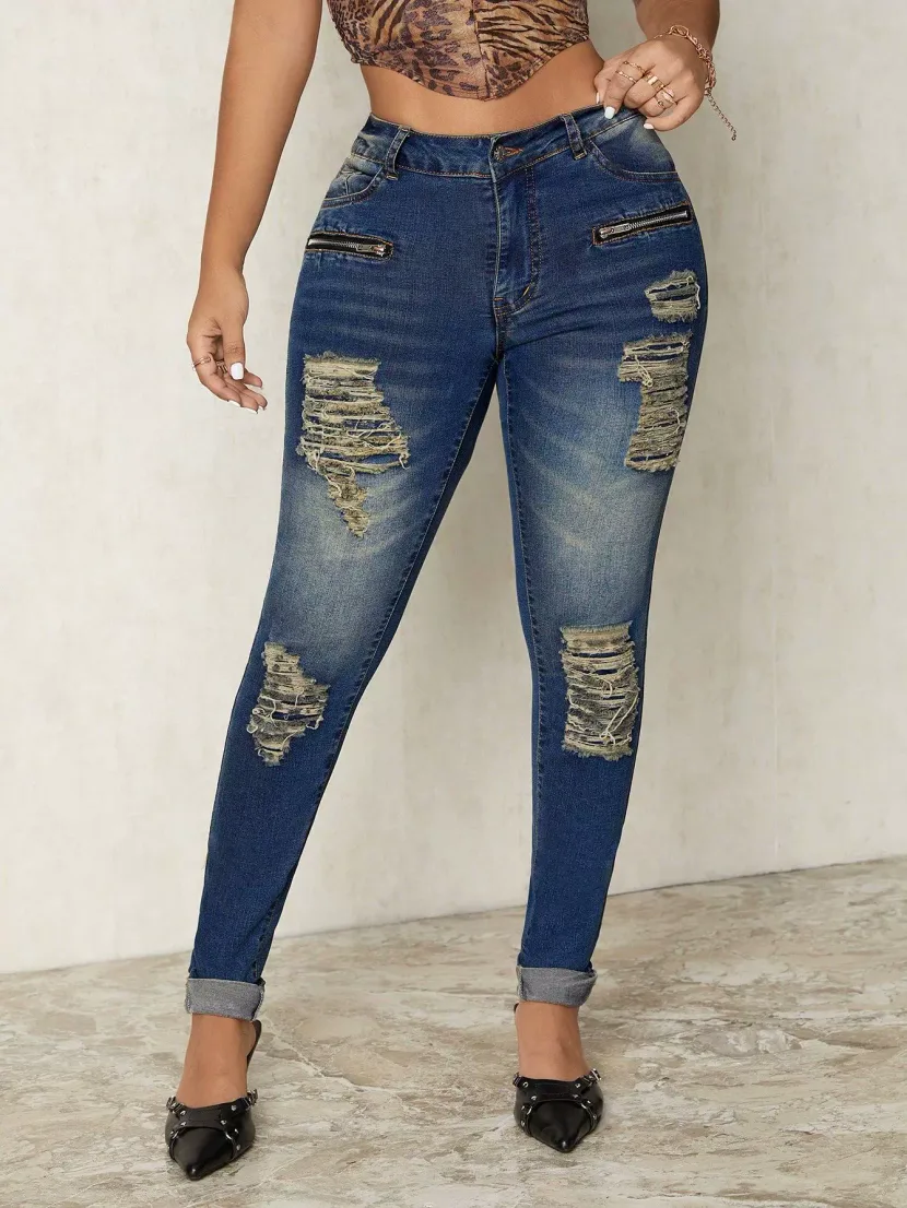 Womens Distressed Long Skinny Jeans Fashionable Casual Style Perfect for Everyday Wear Wholesale