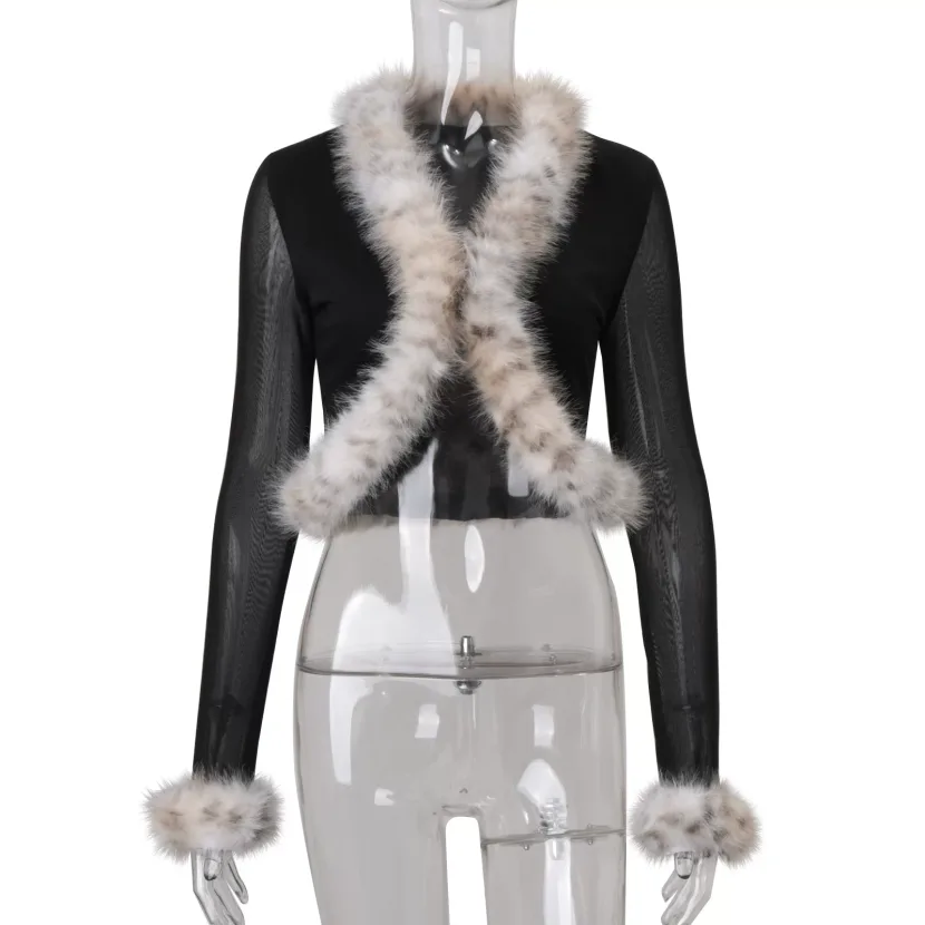 Fashionable Womens Cardigan Long Sleeve Sheer Mesh Cropped Design with Fur Collar Autumn Winter