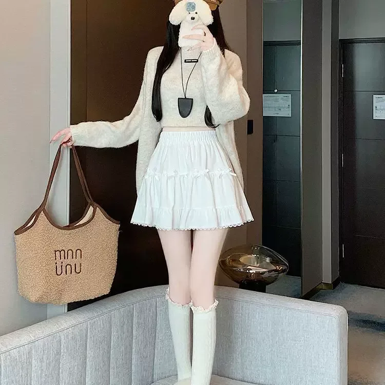 High Waist Lace Trim Skirt Flared A Line Design Elegant for Autumn Winter ready to ship