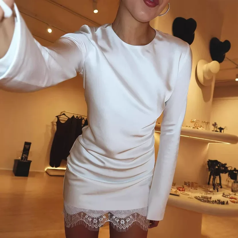 Lace Trim Bodycon Dress Elegant Solid Color Slim Fit Sexy Style Perfect for Parties and Evening
