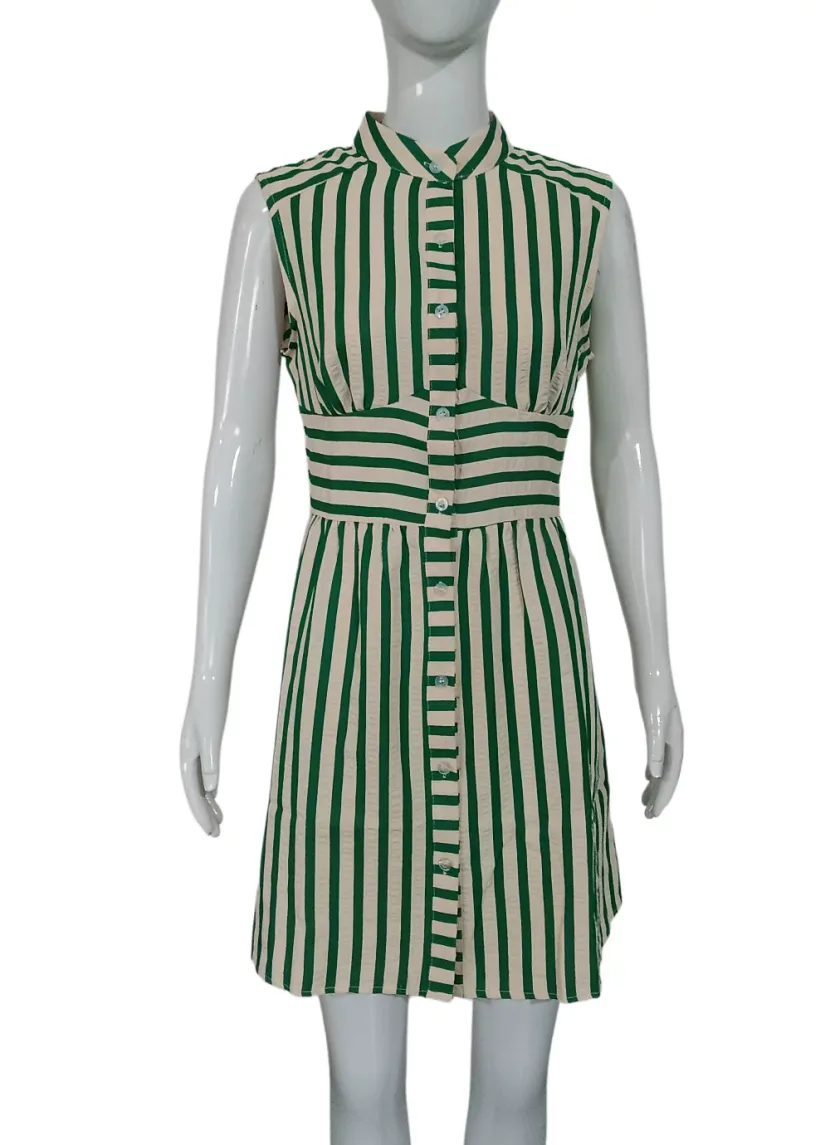 Casual Striped Shirt Dress Sleeveless Stand Collar Button Front Summer Fashion for Women Wholesa