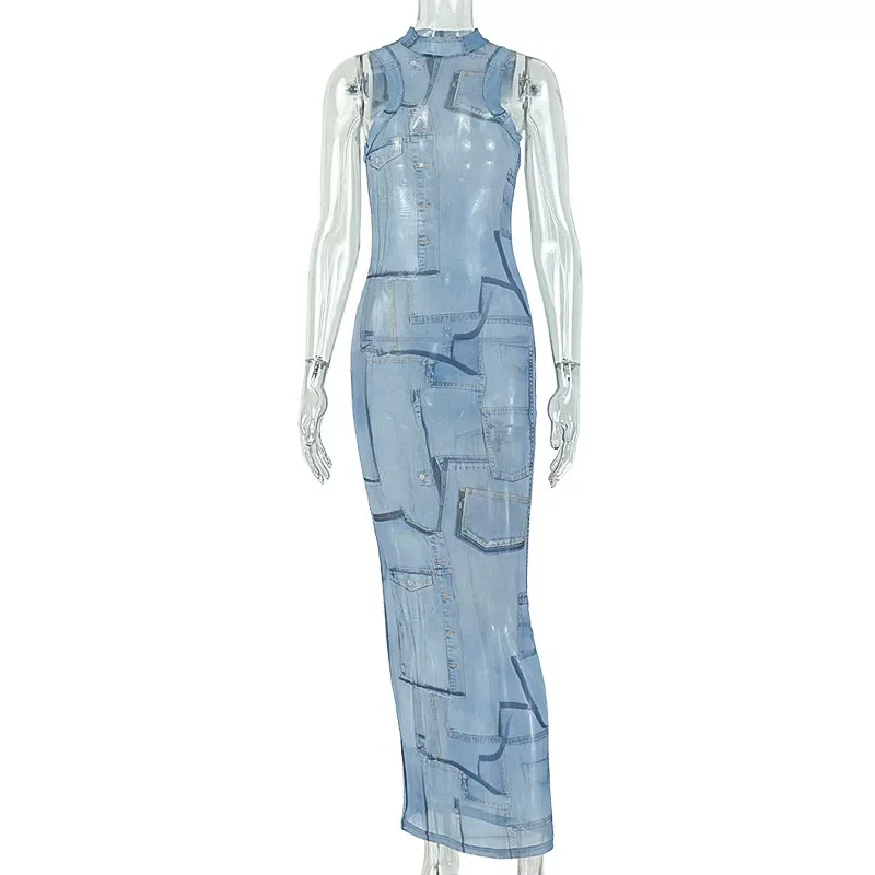Fashionable Womens Bodycon Maxi Dress European Style Sleeveless Halter Neck Denim Patchwork Perfect for Parties