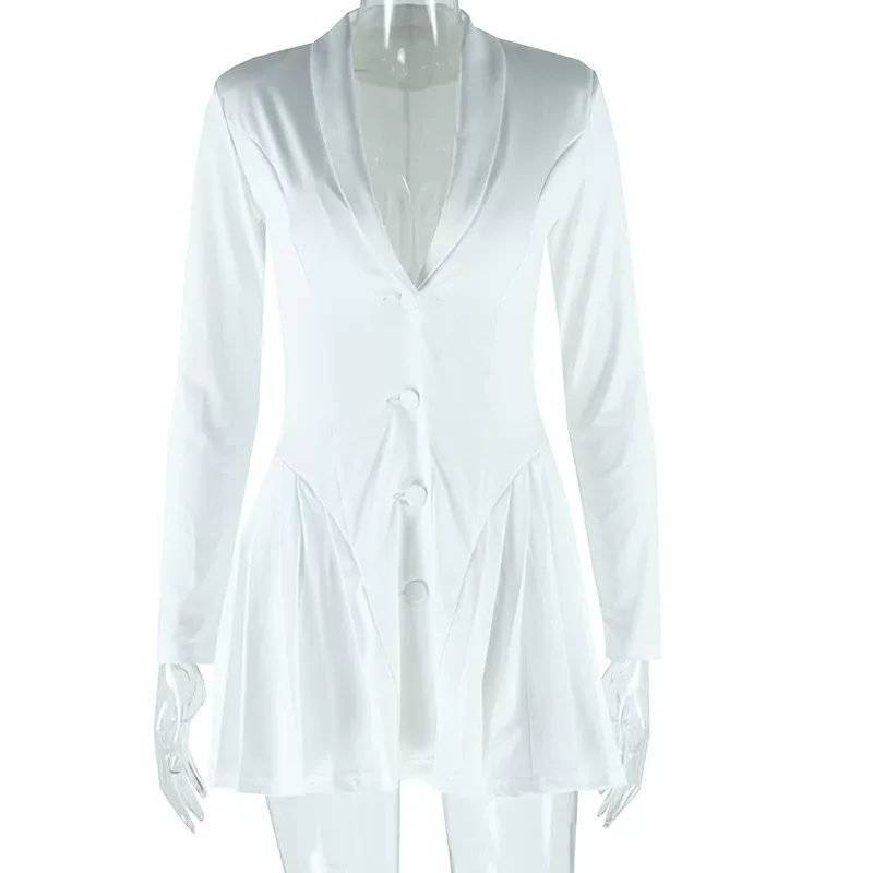 Fashionable Womens Dress Solid Color Pleated Skirt Deep V Neck Long Sleeve Casual or Evening Wea