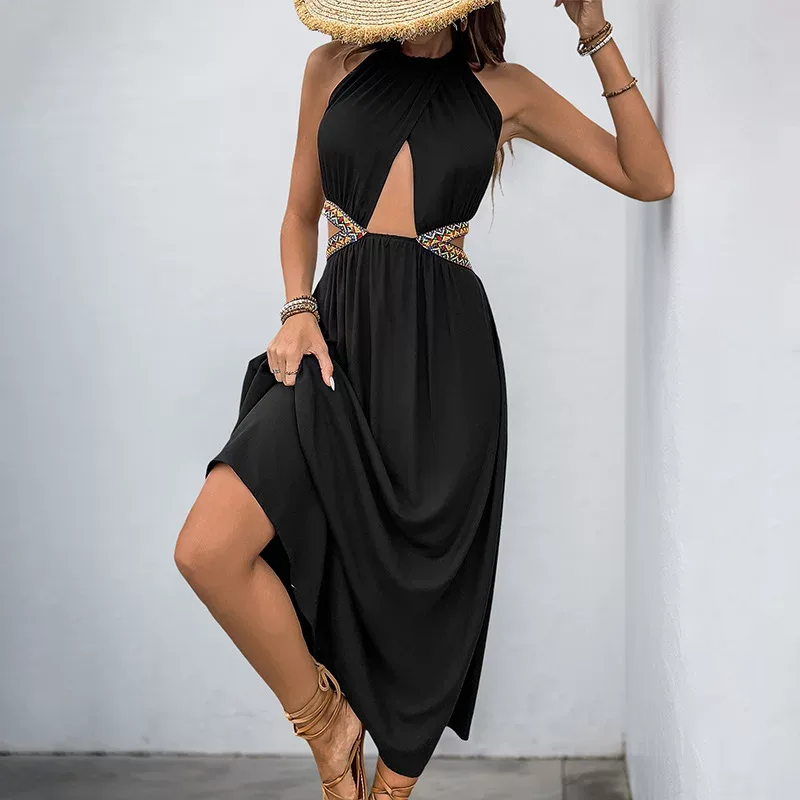 Bohemian Style Hollow Out Maxi Dress Ethnic Pattern Woven Strap Details Elegant Summer Wear Whol