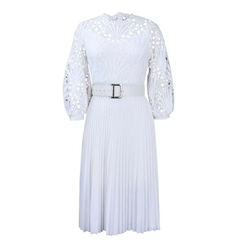Plus Size Womens Lace Panel Pleated Hollow Out Dress Elegant Design Summer Style African Fashion