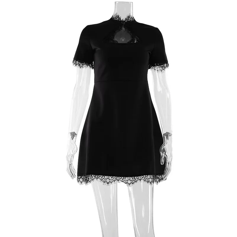 Lace Trim Short Sleeve A Line Dress Solid Color Hollow Out Bust Waist Cinching Casual Summer Wea