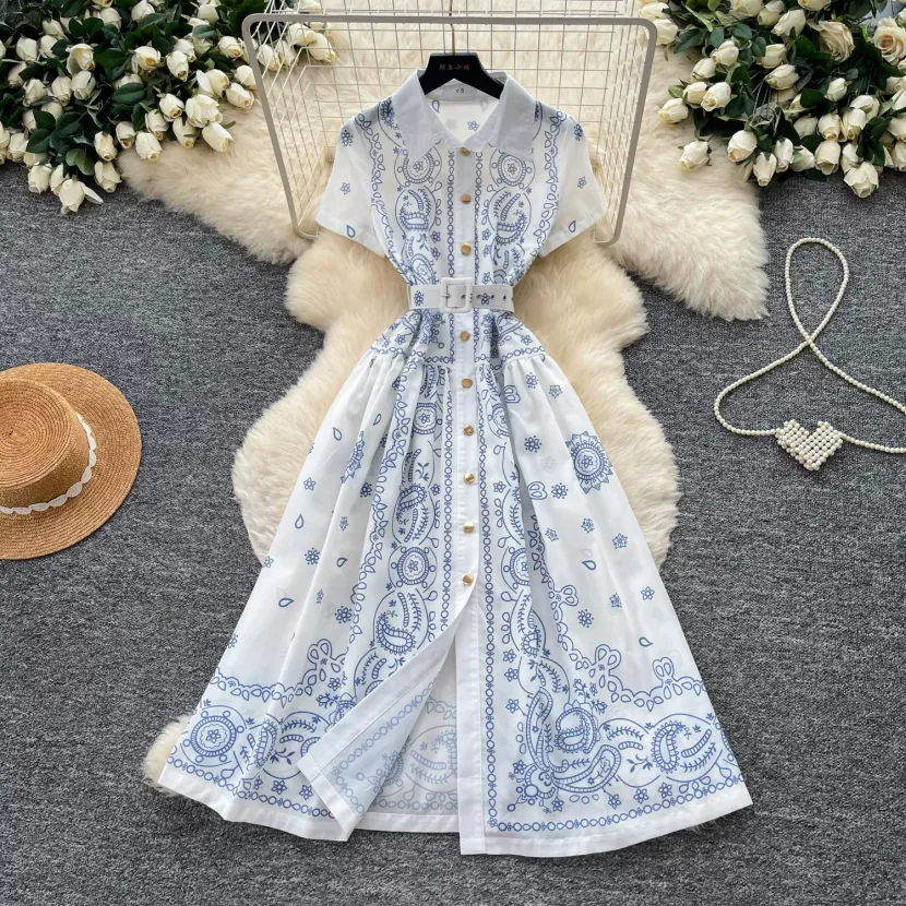 Geometric Print Sleeveless Shirt Dress for Women Summer Casual Fit with Waist Detail Available in Blue Wholesale Supply