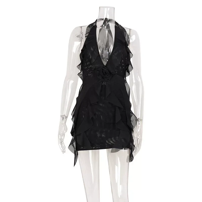 French Inspired Backless Halter Dress Ruffled Hem Asymmetrical Design Sexy Fit Perfect for Summe