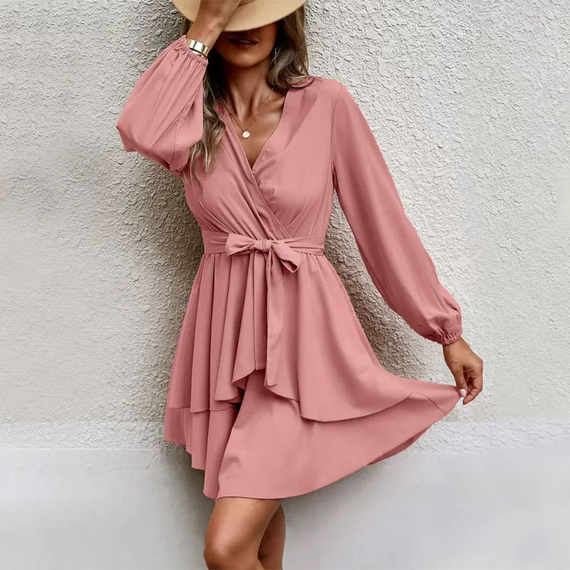 Elegant V Neck Dress Waist Tie Slim Fit Spring Summer Style Wholesale Available low MOQ bulk ord