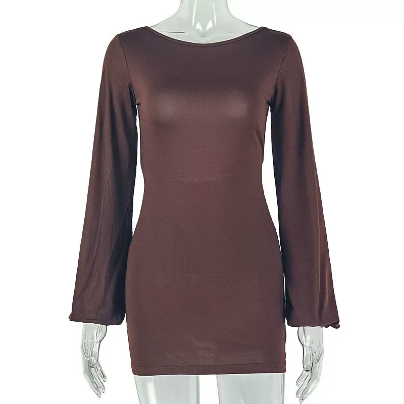 Fashionable Solid Color Bodycon Dress Long Sleeve Round Neck Backless Casual Wear for Women OEM