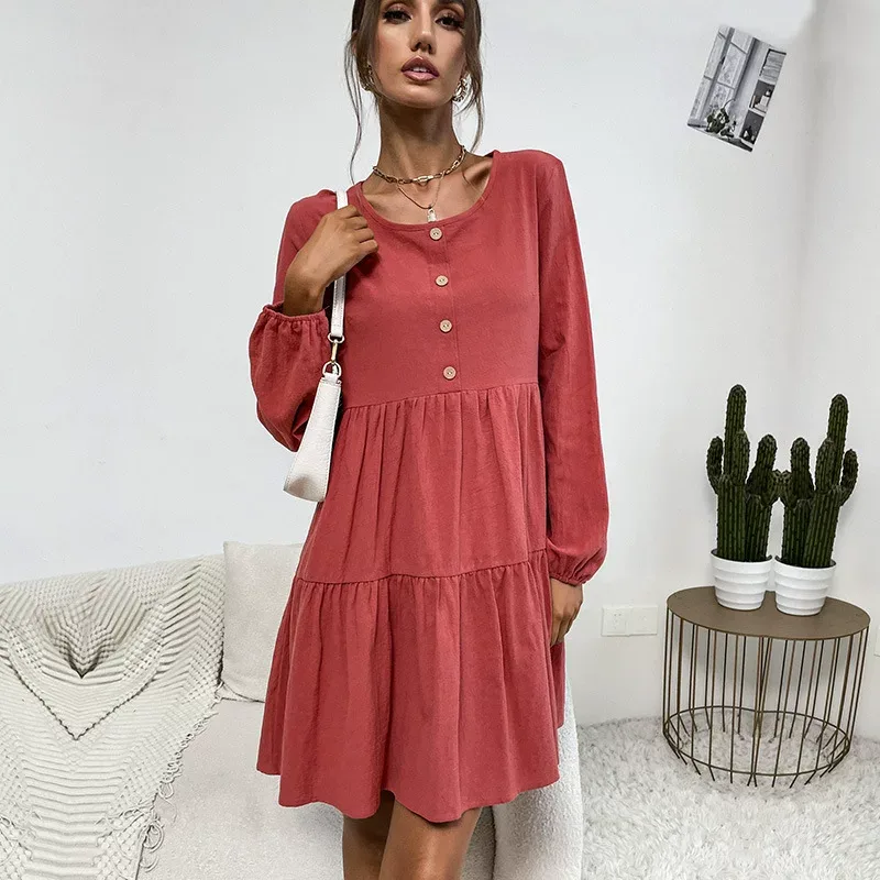 Loose Fit Long Sleeve Dress Cotton Linen Blend Pleated Design Vibrant Red Casual Wear for Spring