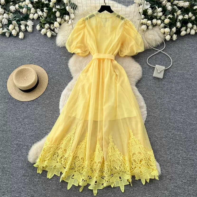 Lace Puff Sleeve A Line Dress for Women Breathable Summer Fabric Elegant Casual Wear