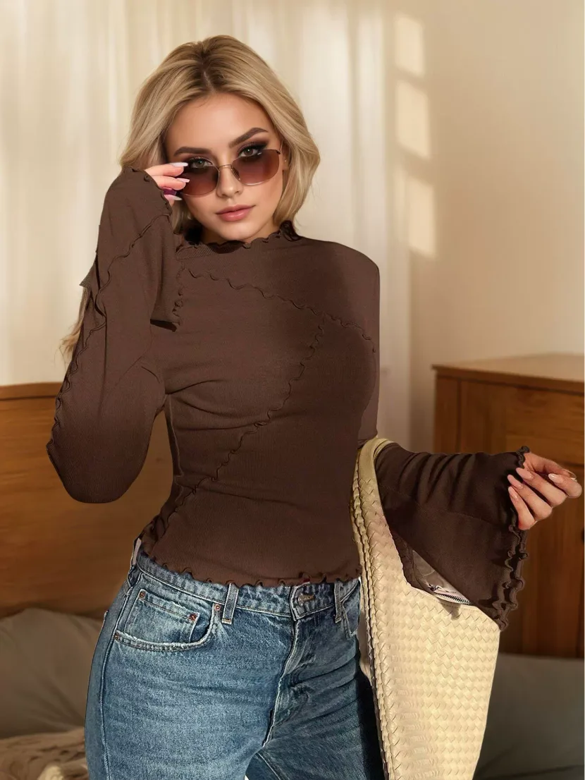 Slim Fit Long Sleeve Top High Neck Ruffle Trim Bell Sleeves Sexy Style for Parties or Casual Wea