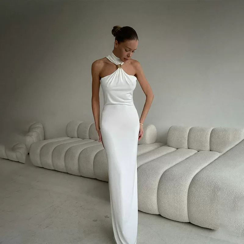 Elegant Strapless Backless Maxi Dress Solid Color Slim Fit High Quality Fabric Evening Wear Cock
