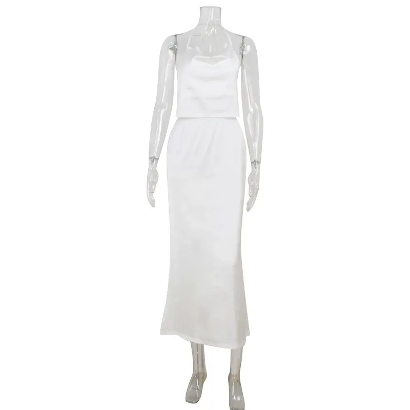 Backless Halter Top and Low Waist Maxi Skirt Set Sexy Satin Fabric Chic Style Perfect for Partie