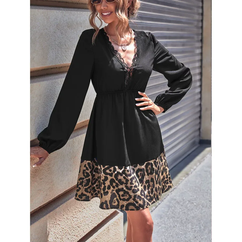 Leopard Print V Neck Color Block Dress Versatile Style for Casual Wear Available for Wholesale b